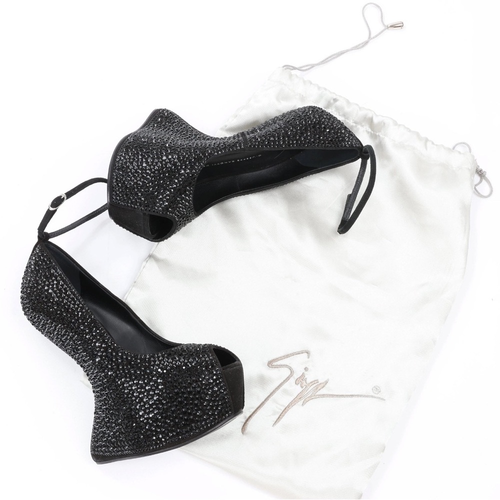 Black Crystal Embellished Ankle-Strap Wedge Pump - Picture 2 of 4